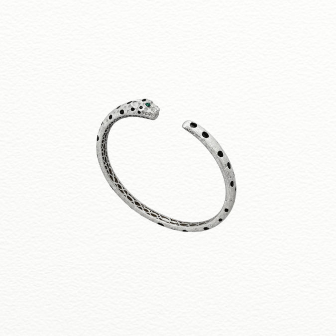 Silver Wild Elegance Silver Panther Cuff Kada - Emerald-Eyed Leopard Open Statement Bracelet - ABR62281 side view