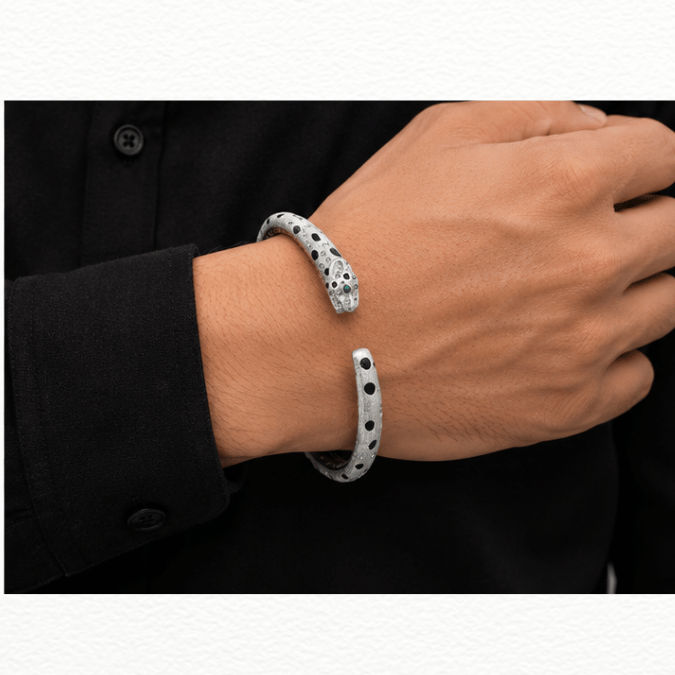 Silver Wild Elegance Silver Panther Cuff Kada - Emerald-Eyed Leopard Open Statement Bracelet - ABR62281 detail view