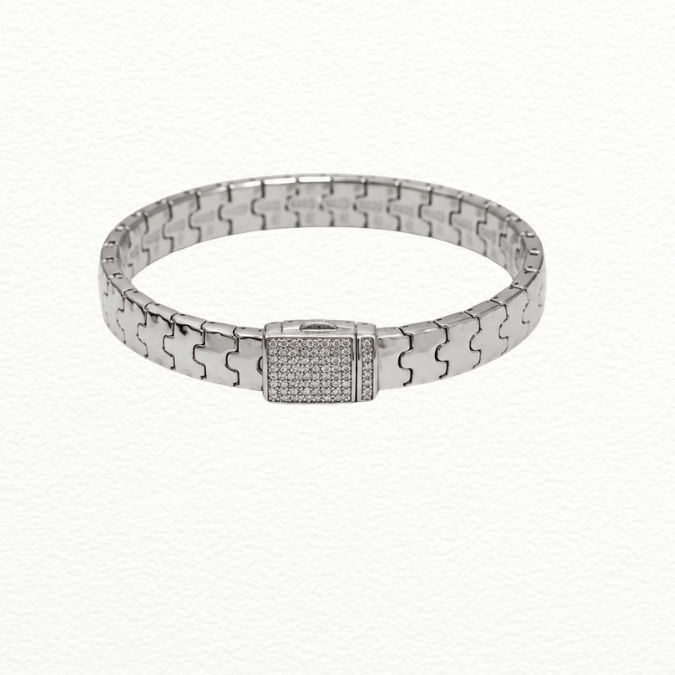 Silver Kada Modern Silver Interlocking Link Bracelet - Cubic Zirconia Pavé Lock Statement Band - Abr62255