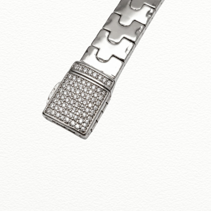 Silver Kada Modern Silver Interlocking Link Bracelet - Cubic Zirconia Pavé Lock Statement Band - ABR62255 close-up view