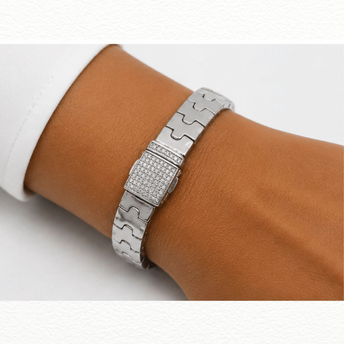 Silver Kada Modern Silver Interlocking Link Bracelet - Cubic Zirconia Pavé Lock Statement Band - ABR62255 detail view