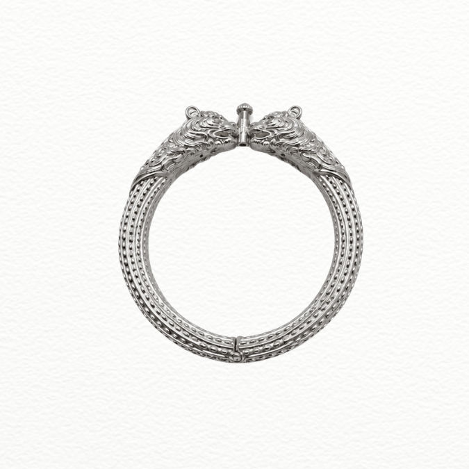Silver Royal Tiger Head Silver Kada - Dotted Ribbed Textured Statement Bracelet - Abr62356