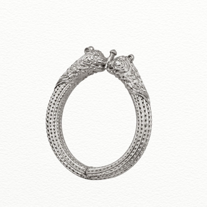 Silver Royal Tiger Head Silver Kada - Dotted Ribbed Textured Statement Bracelet - ABR62356 side view