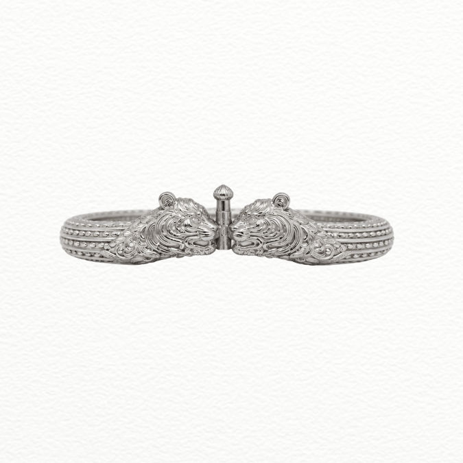 Silver Royal Tiger Head Silver Kada - Dotted Ribbed Textured Statement Bracelet - ABR62356 close-up view