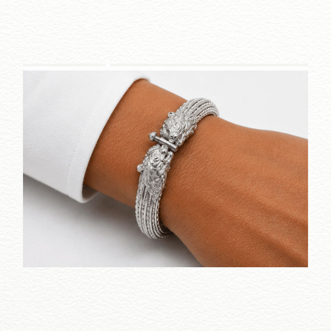 Silver Royal Tiger Head Silver Kada - Dotted Ribbed Textured Statement Bracelet - ABR62356 detail view