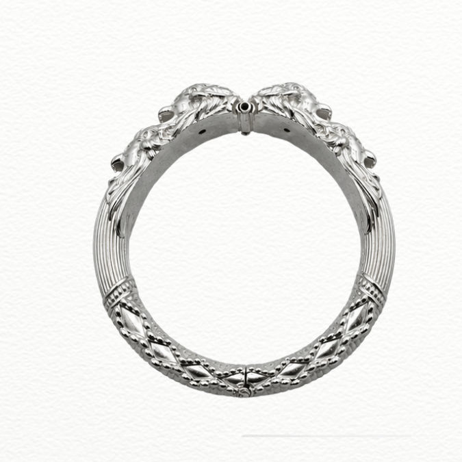 Silver Majestic Lion Face Silver Kada - Fluted & Diamond-Textured Statement Bracelet - Abr62357