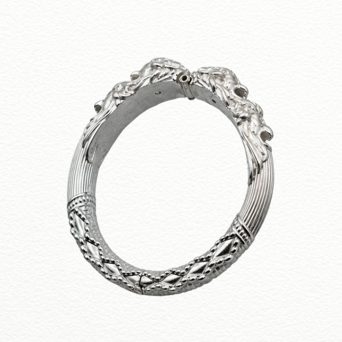 Silver Majestic Lion Face Silver Kada - Fluted & Diamond-Textured Statement Bracelet - ABR62357 side view