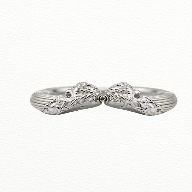 Silver Majestic Lion Face Silver Kada - Fluted & Diamond-Textured Statement Bracelet - ABR62357 close-up view