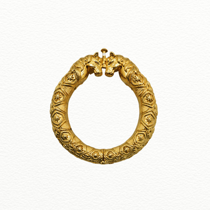 Silver Royal Horse Head Gold Plated Kada - Geometric Star Carved Statement Bracelet - Abr62361