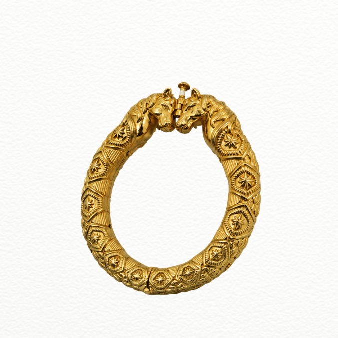 Silver Royal Horse Head Gold Plated Kada - Geometric Star Carved Statement Bracelet - ABR62361 side view