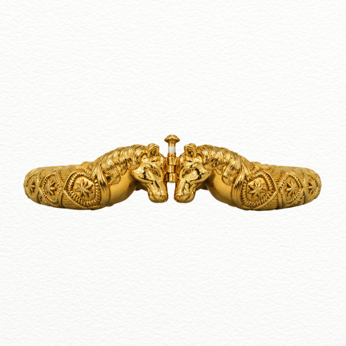 Silver Royal Horse Head Gold Plated Kada - Geometric Star Carved Statement Bracelet - ABR62361 close-up view