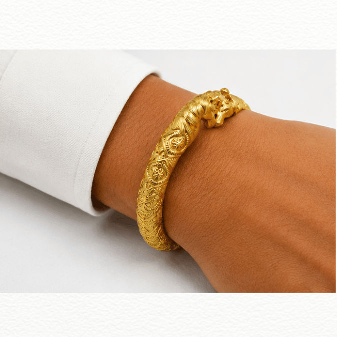 Silver Royal Horse Head Gold Plated Kada - Geometric Star Carved Statement Bracelet - ABR62361 detail view