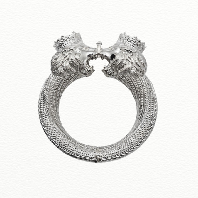 Silver Royal Crowned Lion Head Silver Kada - Heavy Textured Statement Bracelet - Abr62353