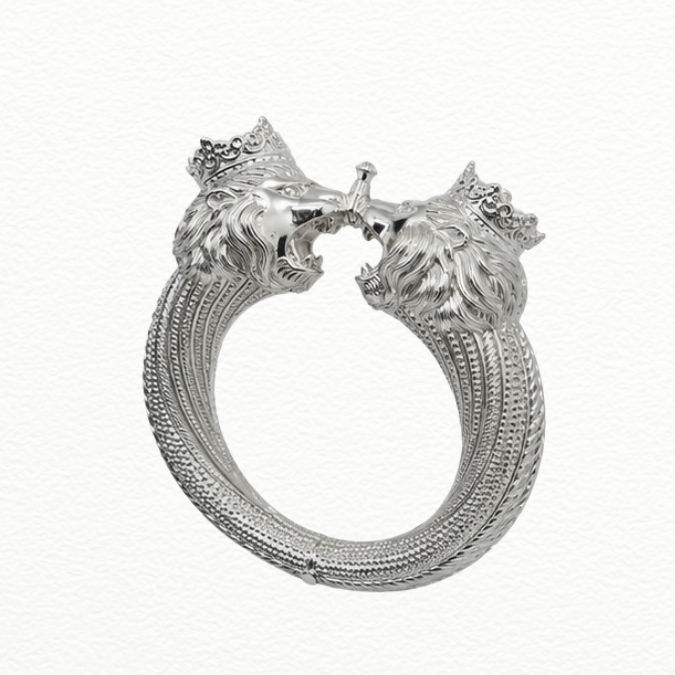 Silver Royal Crowned Lion Head Silver Kada - Heavy Textured Statement Bracelet - ABR62353 side view