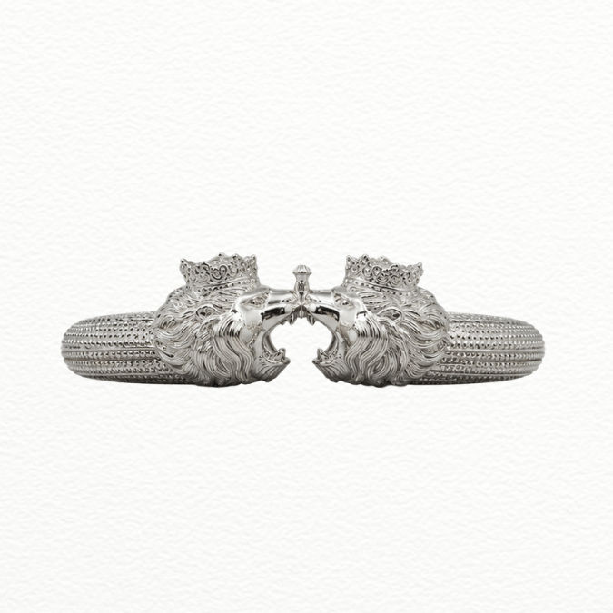 Silver Royal Crowned Lion Head Silver Kada - Heavy Textured Statement Bracelet - ABR62353 close-up view
