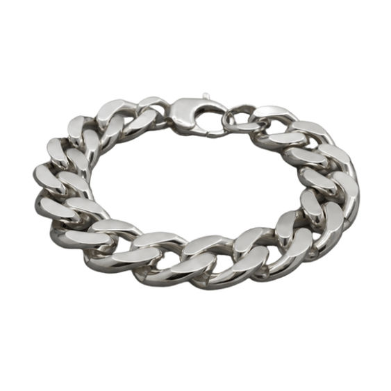 Silver Men’S Polished Silver Curb Link Bracelet - Classic Heavy Stainless Steel Cuban Wristband - ABR62348 close-up view