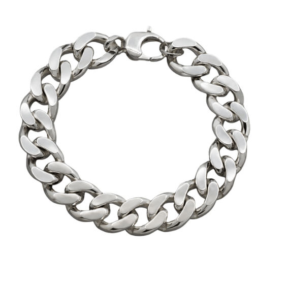 Silver Men’S Polished Silver Curb Link Bracelet - Classic Heavy Stainless Steel Cuban Wristband - ABR62348 detail view