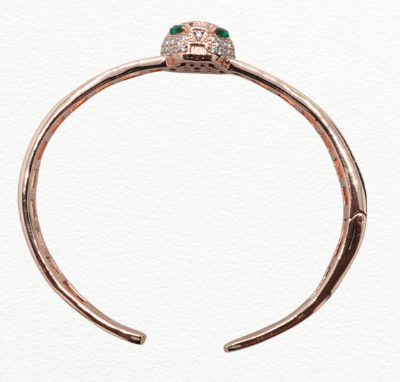 Silver Kada Women’S Rose Gold Panther Head Bangle Bracelet - Cz Pave Panther Cuff With Emerald Green Eyes - Abr62266