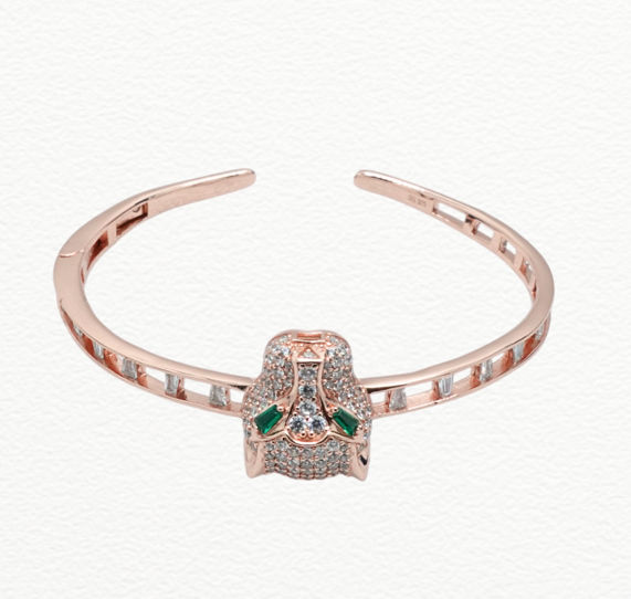 Silver Kada Women’S Rose Gold Panther Head Bangle Bracelet - Cz Pave Panther Cuff With Emerald Green Eyes - ABR62266 side view