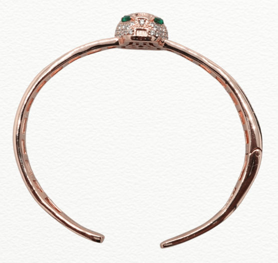 Silver Kada Women’S Rose Gold Panther Head Bangle Bracelet - Cz Pave Panther Cuff With Emerald Green Eyes - ABR62266 close-up view