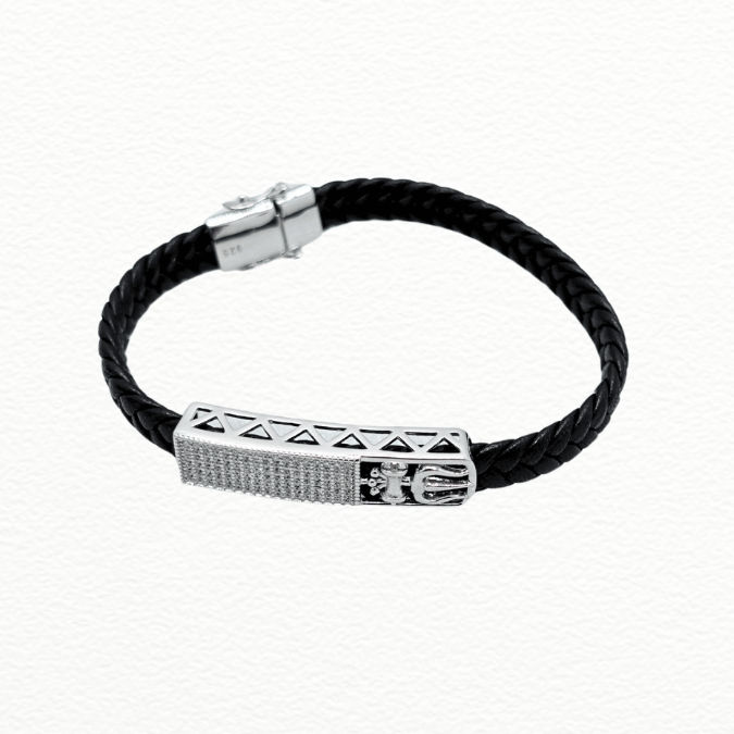 Silver Men’S Sterling Silver Trishul & Damru Cz Leather Bracelet - S925 Braided Cord Mahadev Wristband - ABR62300