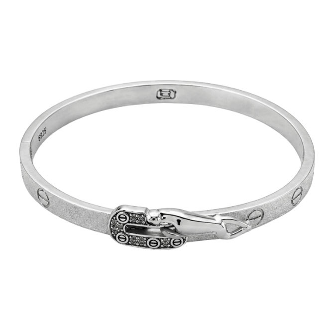 Silver Men’S Sterling Silver Diamond Station Textured Kada- S925 Cz Pave Geometric Kada - ABR62254 detail view