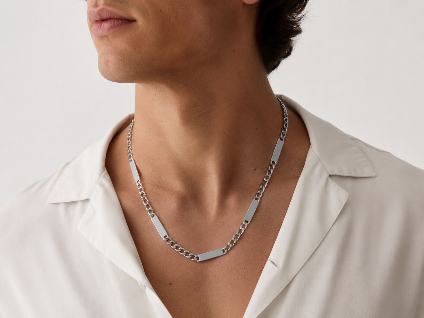 Silver Men’S Sterling Silver Station Bar Curb Link Chain Necklace - Acc71994