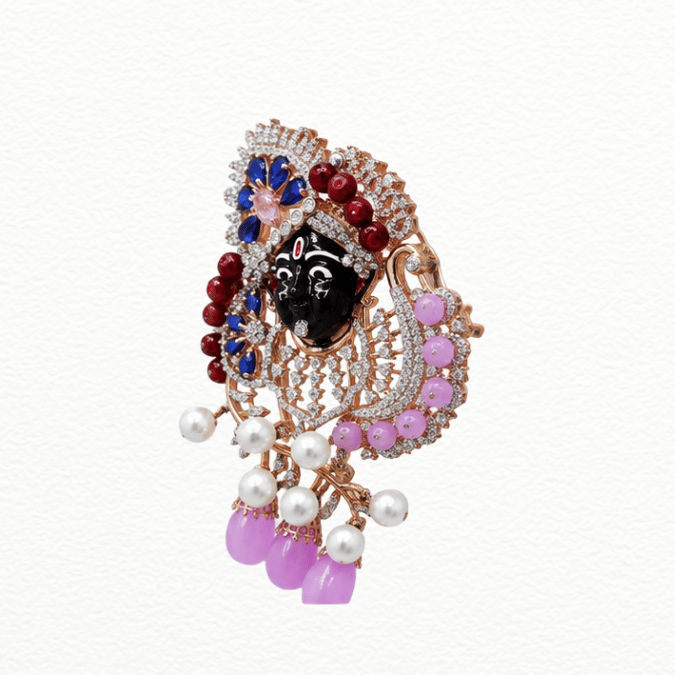 Silver Divine Shrinathji Cz Pendant Brooch - Multicolor Gemstone & Pearl Traditional Statement Jewelry - Sac60147