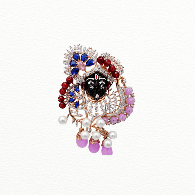 Silver Divine Shrinathji Cz Pendant Brooch - Multicolor Gemstone & Pearl Traditional Statement Jewelry - SAC60147 side view