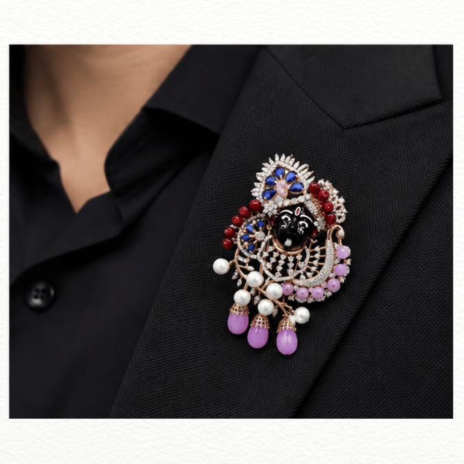 Silver Divine Shrinathji Cz Pendant Brooch - Multicolor Gemstone & Pearl Traditional Statement Jewelry - SAC60147 detail view