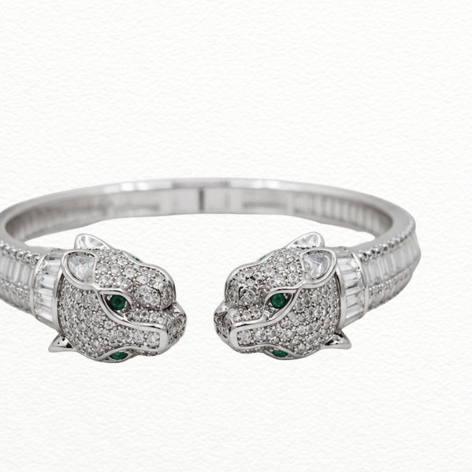 Silver Bracelet Sterling Silver Dual Panther Head Open Cuff Bangle With Zirconia & Emerald-Green Accents - ABR62285