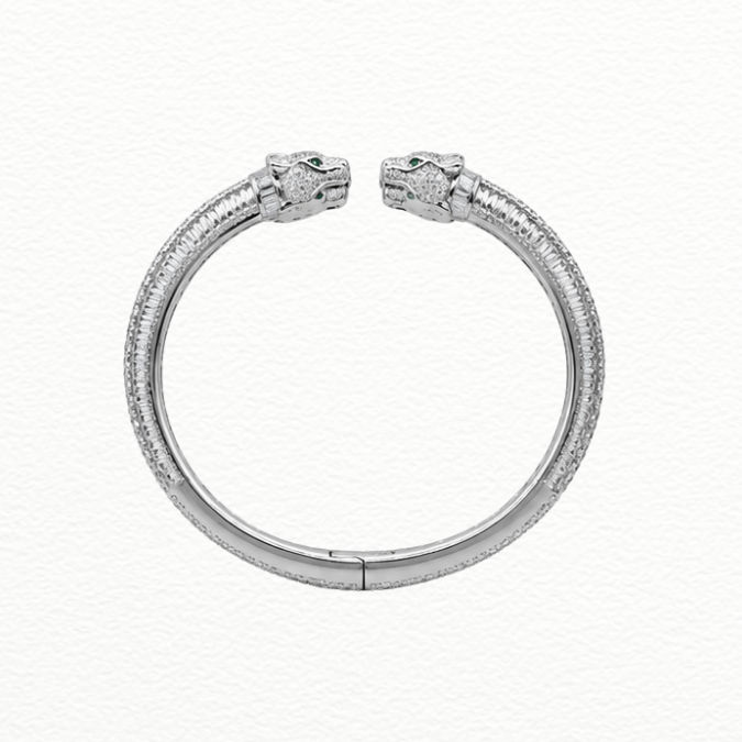 Silver Bracelet Sterling Silver Dual Panther Head Open Cuff Bangle With Zirconia & Emerald-Green Accents - ABR62285 side view