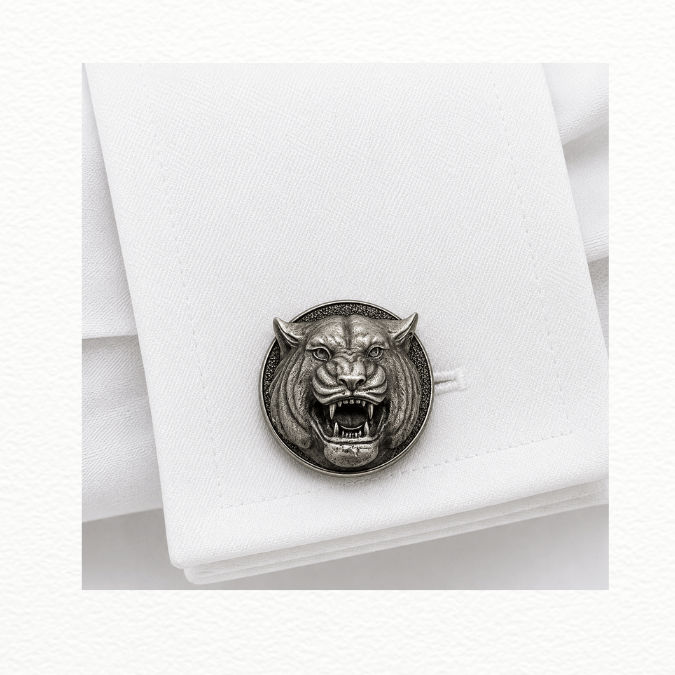 Silver Men’S Oxidized Sterling Silver Roaring Tiger Button - SAC60187 close-up view