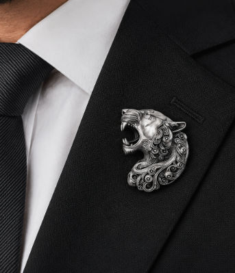 Silver Brooch Men’S Oxidized Sterling Silver Roaring Panther - Sac60189