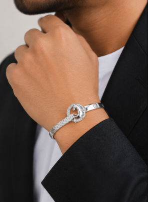 Silver Men’S Sterling Silver Horse Motif Bangle Bracelet With Zirconia Accents - ABR62250