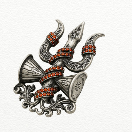 Silver Trishul & Damru Brooch For Men - 925 Sterling Silver - SAC60216