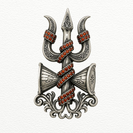 Silver Trishul & Damru Brooch For Men - 925 Sterling Silver - SAC60216 close-up view