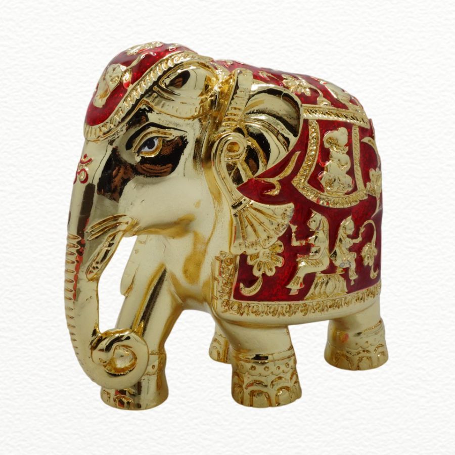 Gold Gift Item Plated Red Meenakari Gajant Laxmi Elephant Showpiece - Perfect Gift For Pune Homes - GAJ10928 close-up view