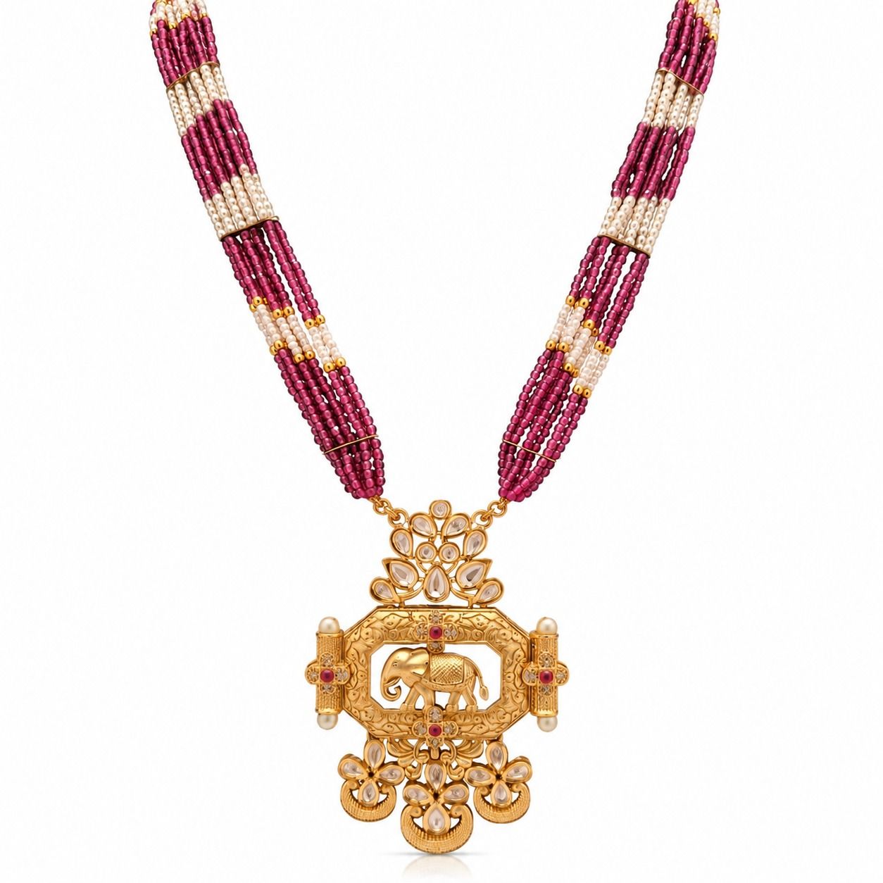 Gold Plated Rajwadi Stone Moti Necklace Set With Earrings - SMS10607 front view