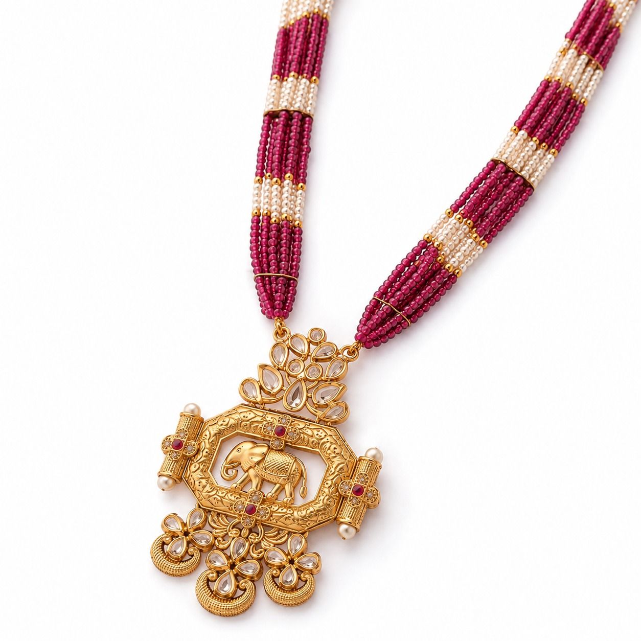 Gold Plated Rajwadi Stone Moti Necklace Set With Earrings - SMS10607 side view