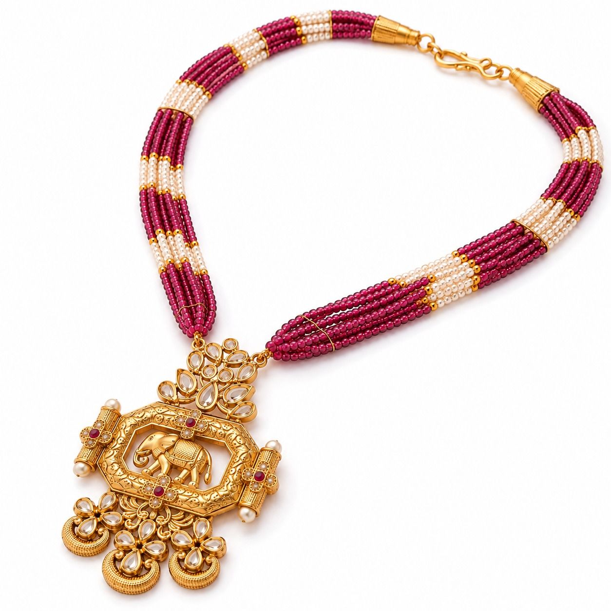 Gold Plated Rajwadi Stone Moti Necklace Set With Earrings - SMS10607 close-up view