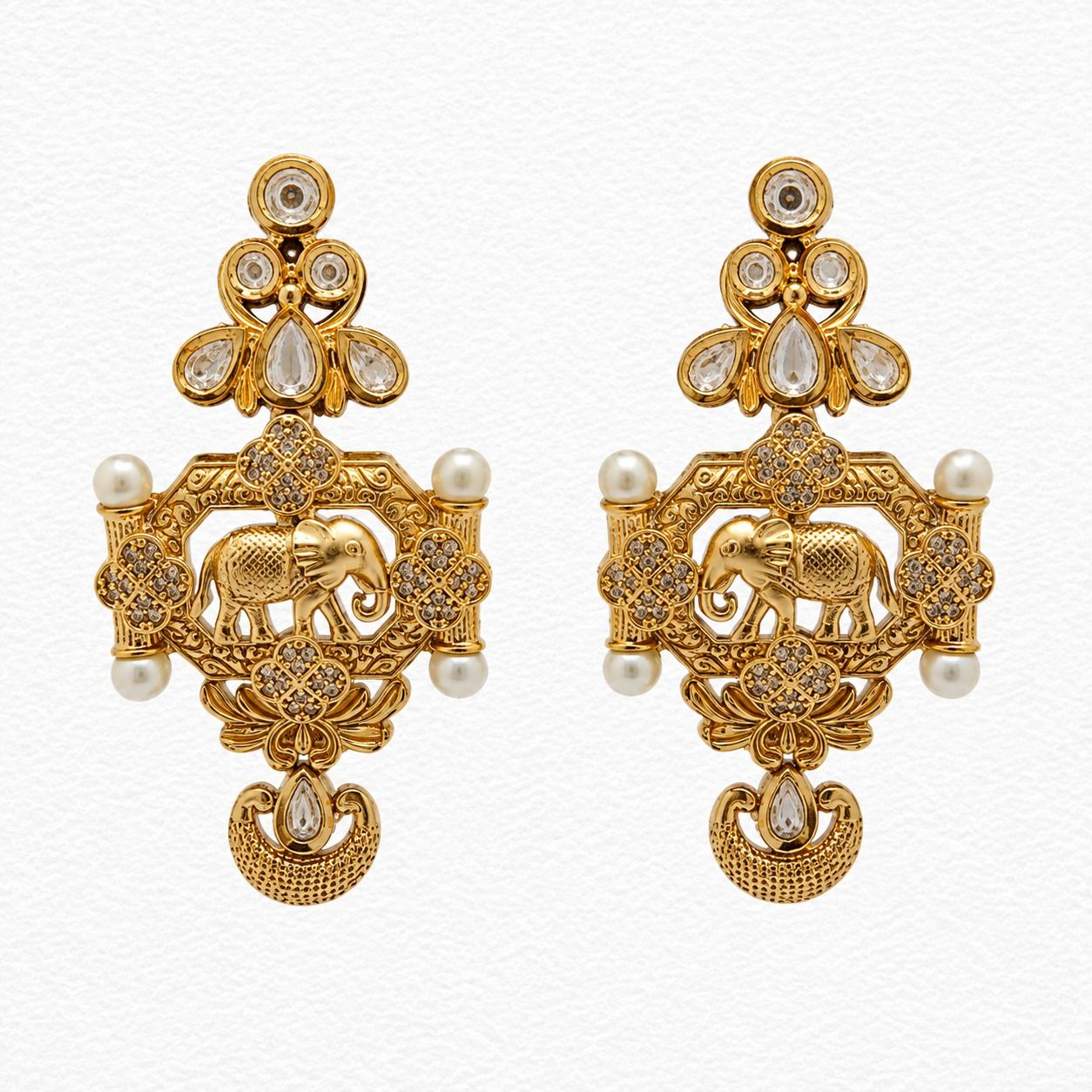 Gold Plated Rajwadi Stone Moti Necklace Set With Earrings - SMS10607 detail view