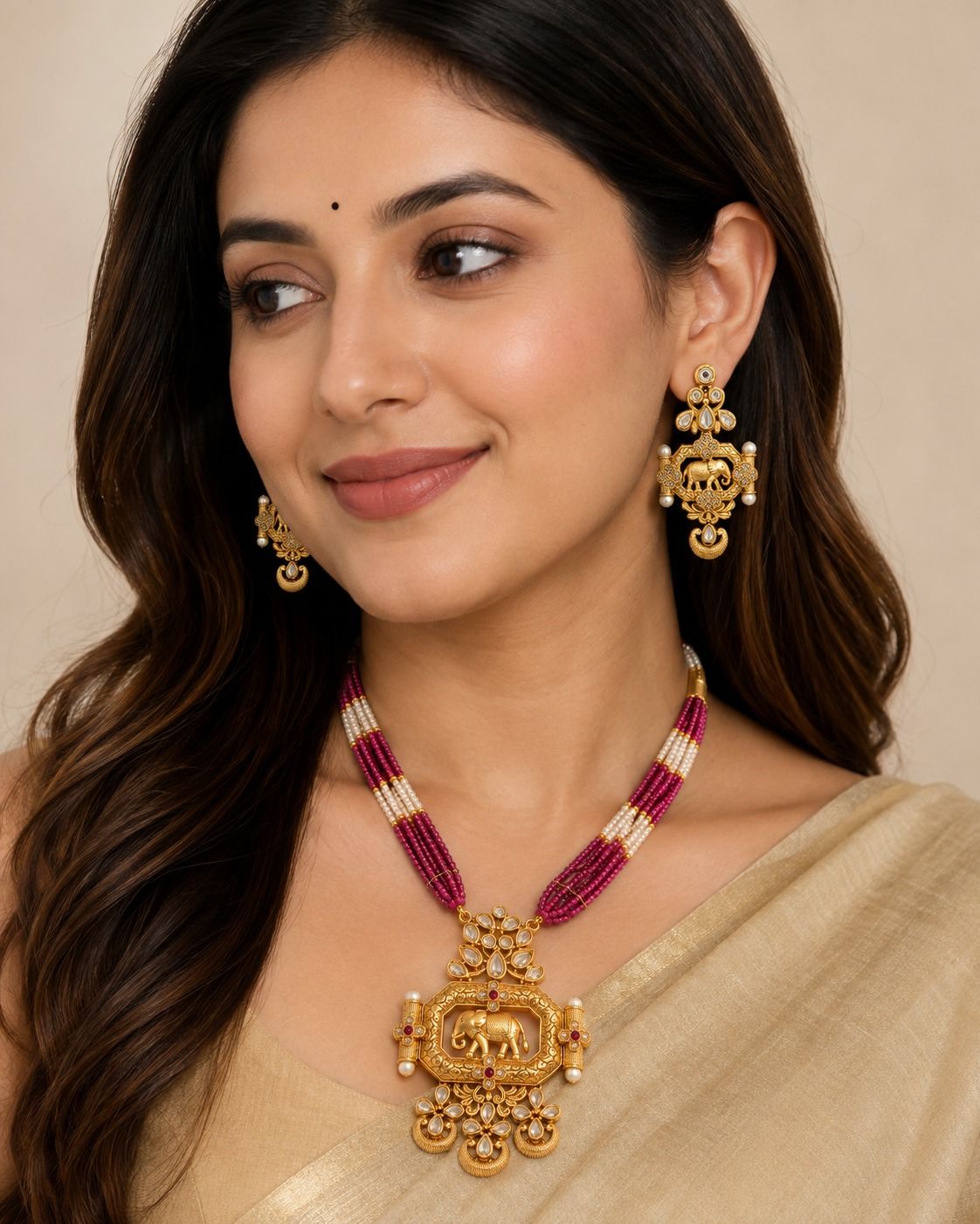 Gold Plated Rajwadi Stone Moti Necklace Set With Earrings - SMS10607 view 5