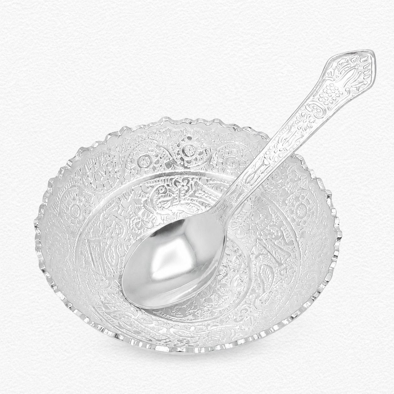 Silver Gift Item Traditional Silver Bowl & Spoon Set For Pooja, Gifting & Special Occasions - GFT60135 front view