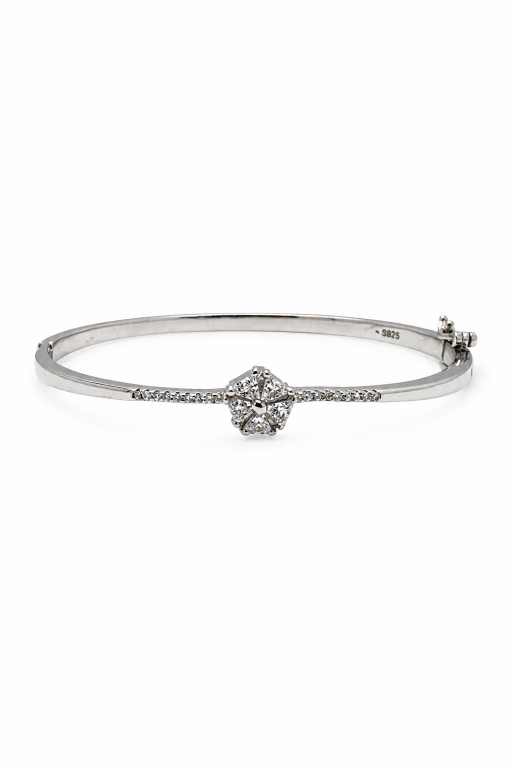 Silver S925 Silver Floral Cluster Stone Bangle Bracelet - ABR62169 side view