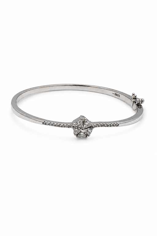Silver S925 Silver Floral Cluster Stone Bangle Bracelet - ABR62169 close-up view