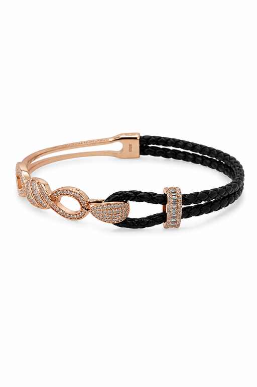 Silver Infinity-Inspired Rose-Gold-Tone & Black Braided Bracelet - ABR62317 side view