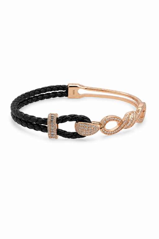 Silver Infinity-Inspired Rose-Gold-Tone & Black Braided Bracelet - ABR62317 close-up view