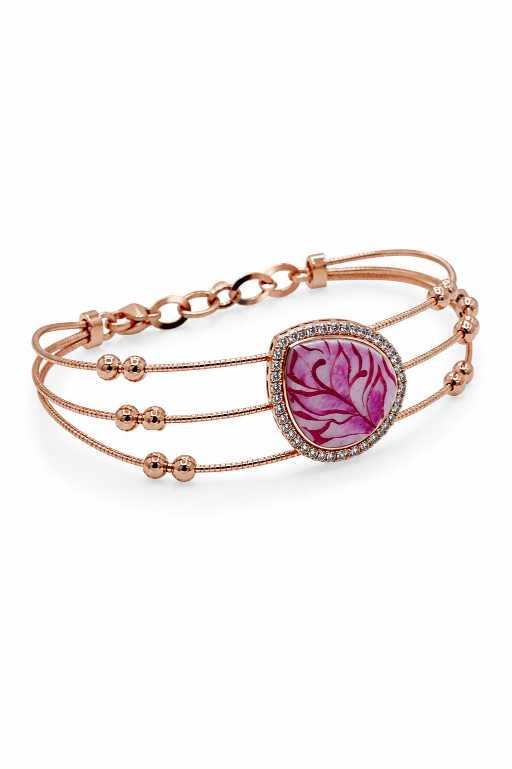 Silver Rose-Gold-Tone Triple-Strand Pink Leaf Motif Bracelet - ABR62026 close-up view