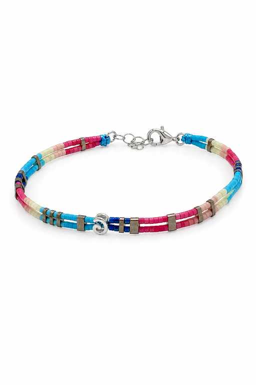 Silver Multicolour Double-Strand Beaded Bracelet With Silver-Tone Accent - ABR1803 close-up view
